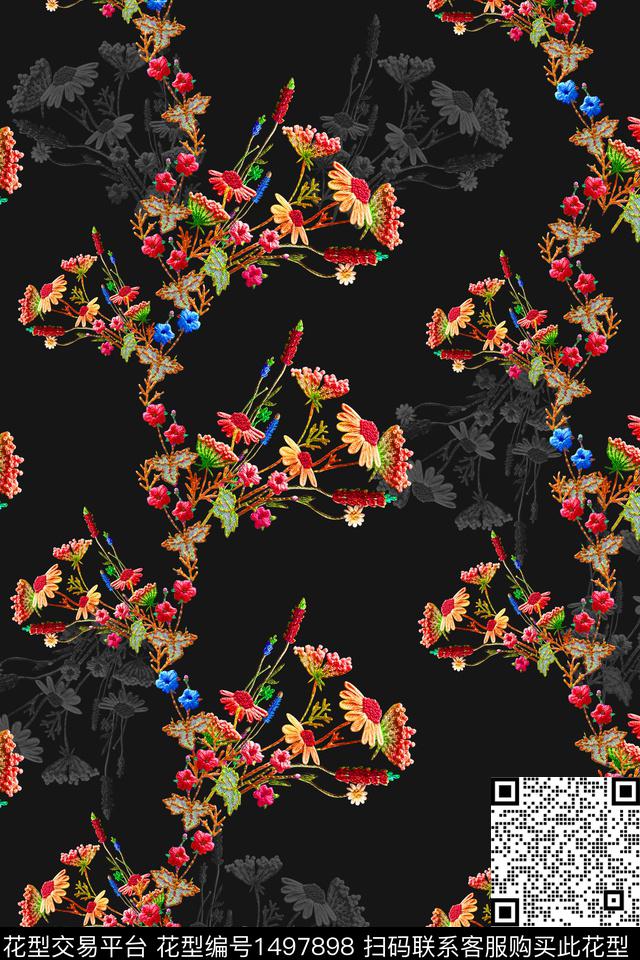 黑底花卉植物雕印工艺数码印花华亿平台下载（图片编号: 1497898） - 瓦栏（Walan）