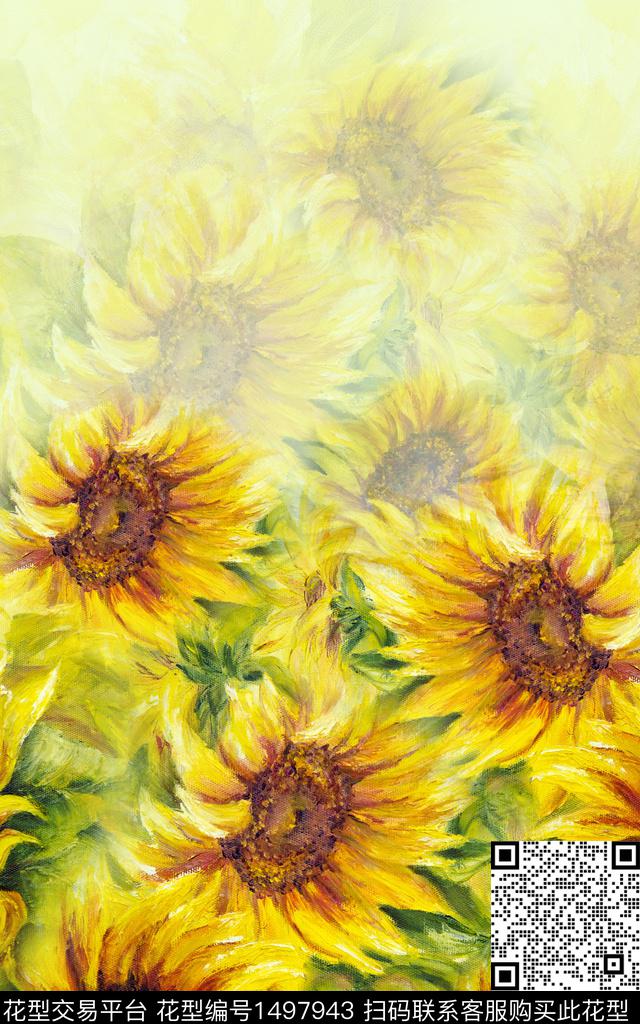 向日葵油画华亿平台小清新数码印花华亿平台下载（图片编号: 1497943） - 瓦栏（Walan）