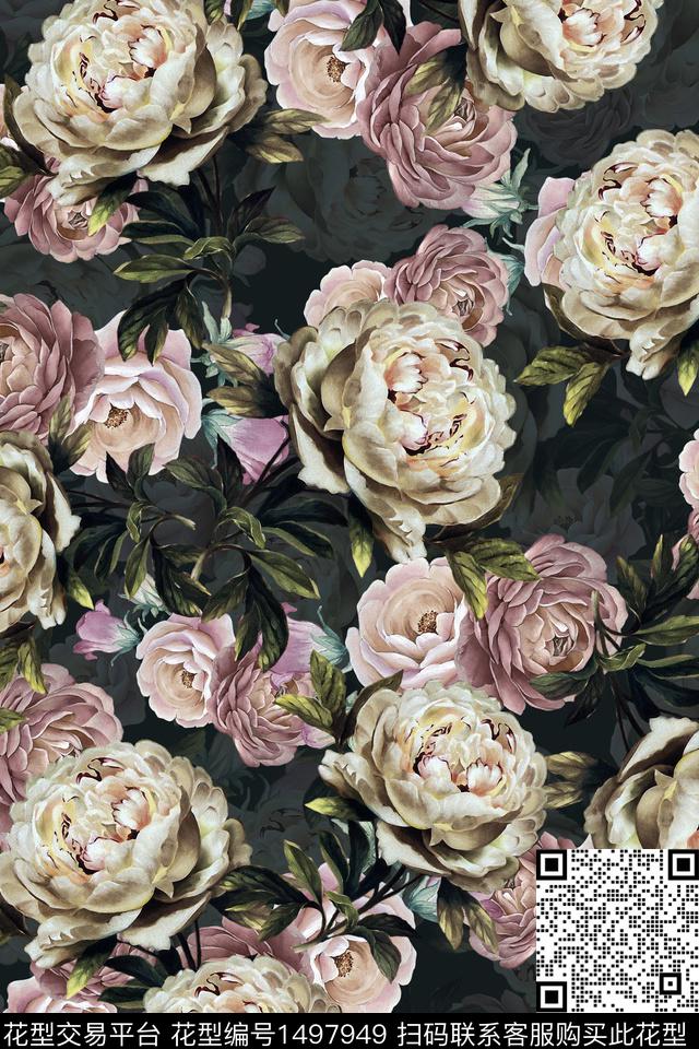 香云纱中国风牡丹数码印花华亿平台下载（图片编号: 1497949） - 瓦栏（Walan）