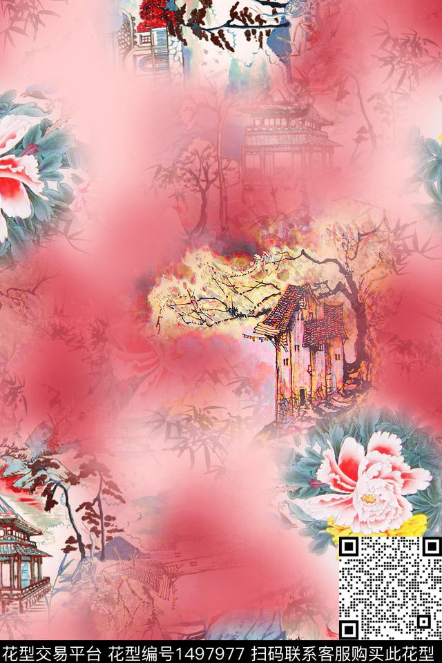 中国风古代建筑植物花卉桃花底纹暗花数码印花华亿平台下载（图片编号: 1497977） - 瓦栏（Walan）