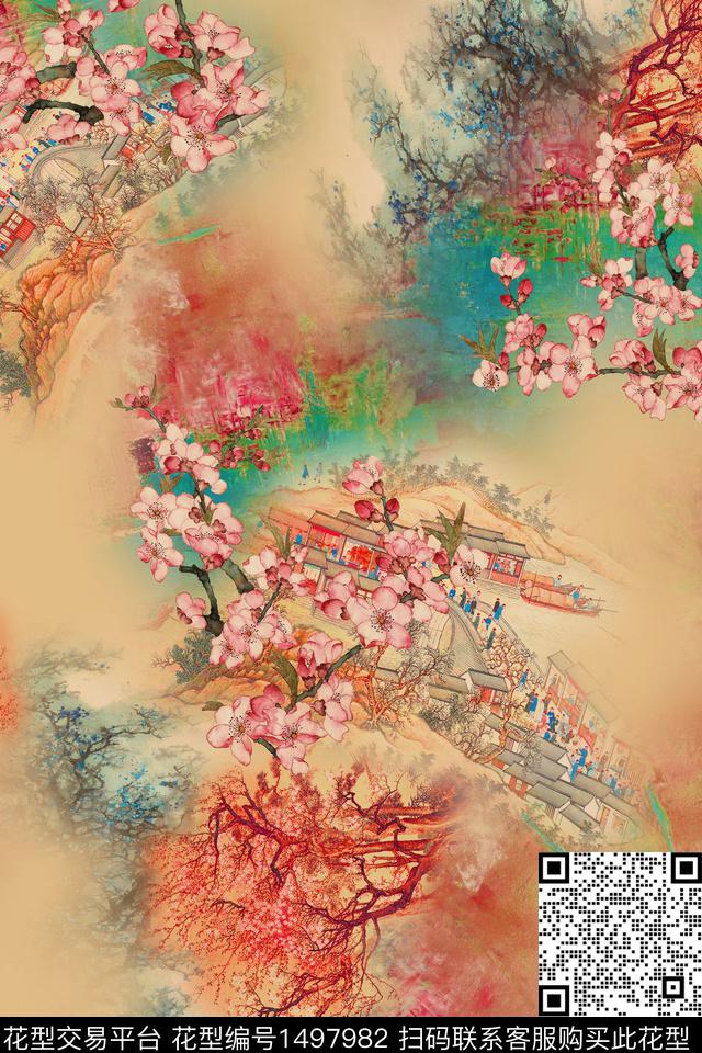 中国风古代建筑植物花卉桃花底纹暗花数码印花华亿平台下载（图片编号: 1497982） - 瓦栏（Walan）