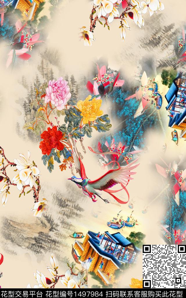 中国风古代建筑植物花卉桃花底纹暗花数码印花华亿平台下载（图片编号: 1497984） - 瓦栏（Walan）