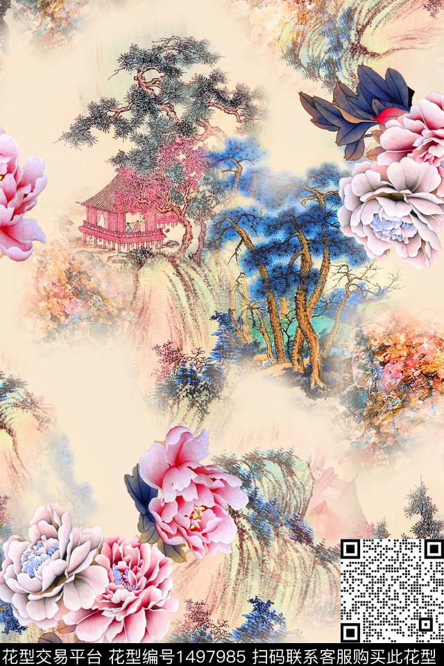 中国风古代建筑植物花卉桃花底纹暗花数码印花华亿平台下载（图片编号: 1497985） - 瓦栏（Walan）