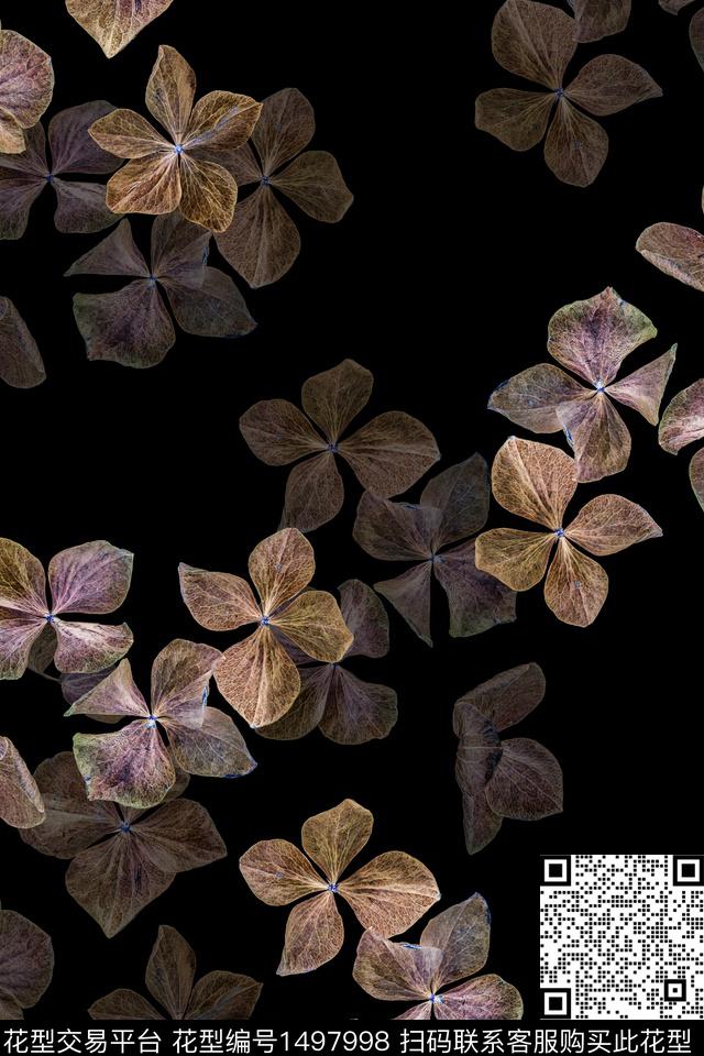 黑底花卉花卉香云纱数码印花华亿平台下载（图片编号: 1497998） - 瓦栏（Walan）