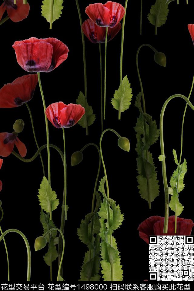 黑底花卉花卉香云纱数码印花华亿平台下载（图片编号: 1498000） - 瓦栏（Walan）