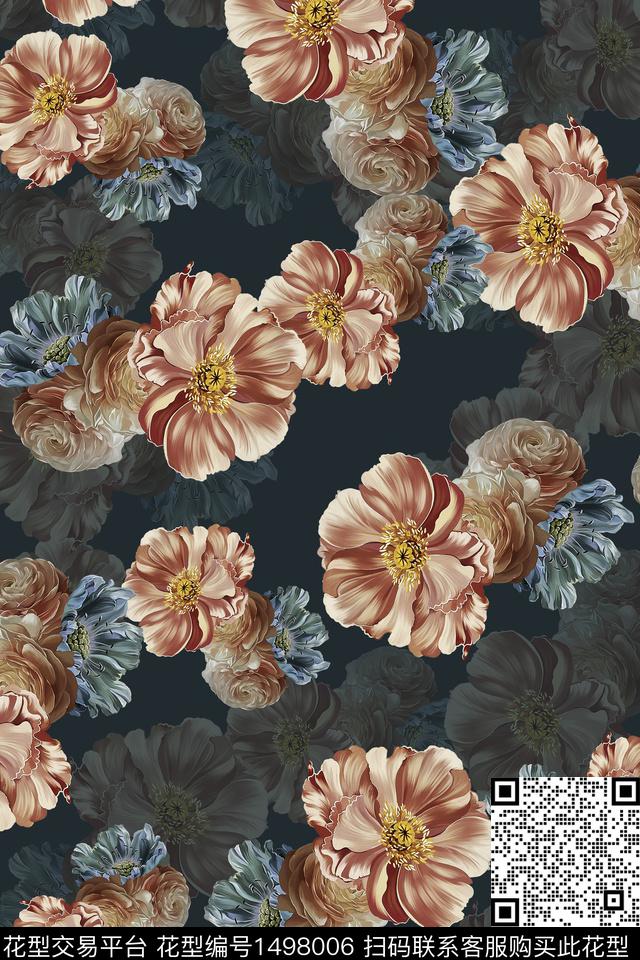 香云纱中国风花卉数码印花华亿平台下载（图片编号: 1498006） - 瓦栏（Walan）