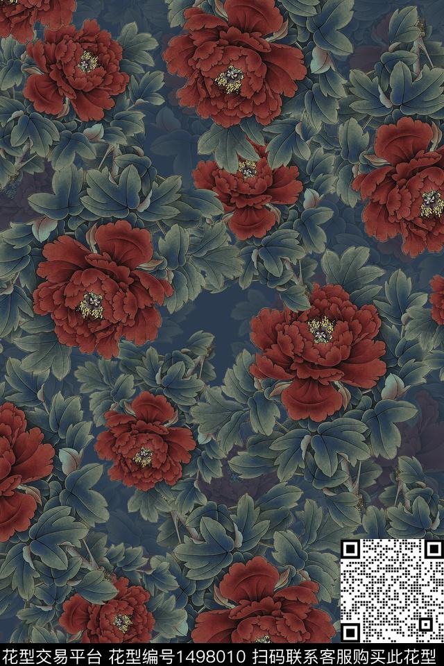 香云纱中国风牡丹数码印花华亿平台下载（图片编号: 1498010） - 瓦栏（Walan）