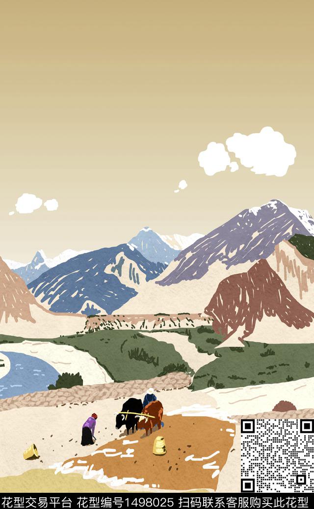 渐变雪山男装定位花数码印花华亿平台下载（图片编号: 1498025） - 瓦栏（Walan）