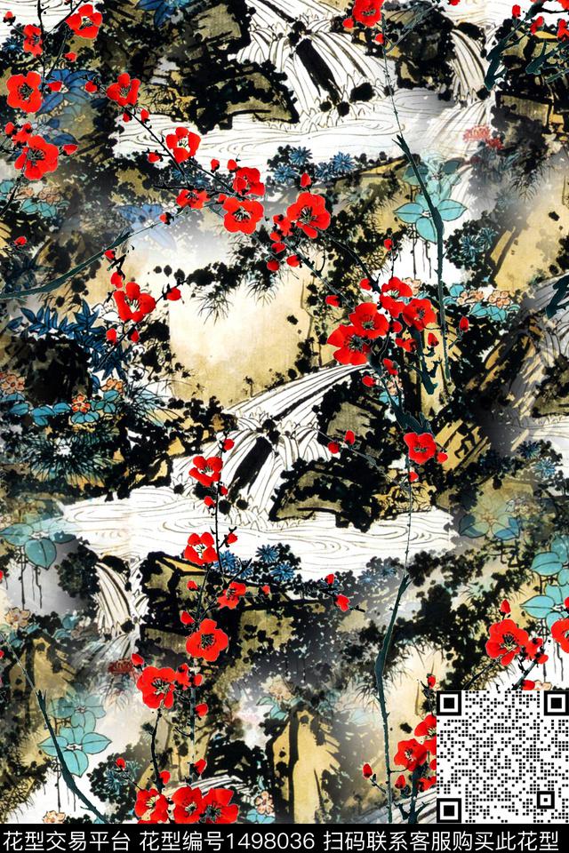 花卉中国风风景景观数码印花华亿平台下载（图片编号: 1498036） - 瓦栏（Walan）