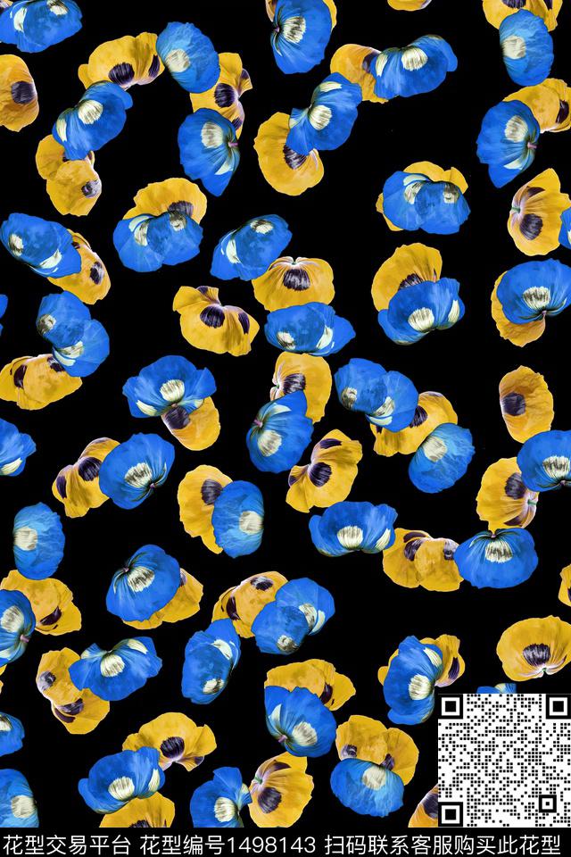 黑底花卉小清新真丝数码印花华亿平台下载（图片编号: 1498143） - 瓦栏（Walan）