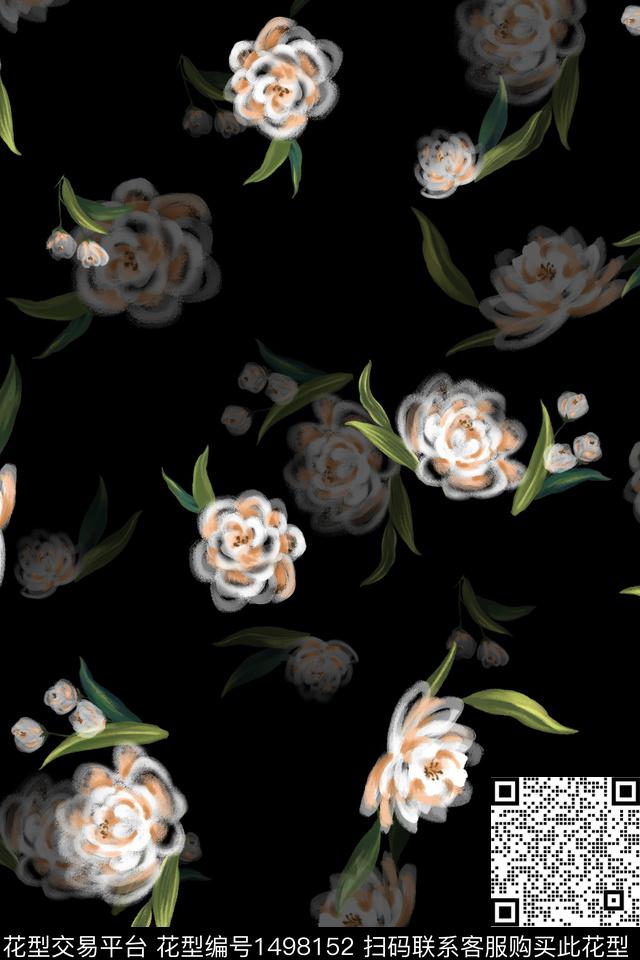 黑底花卉花卉大牌风数码印花华亿平台下载（图片编号: 1498152） - 瓦栏（Walan）