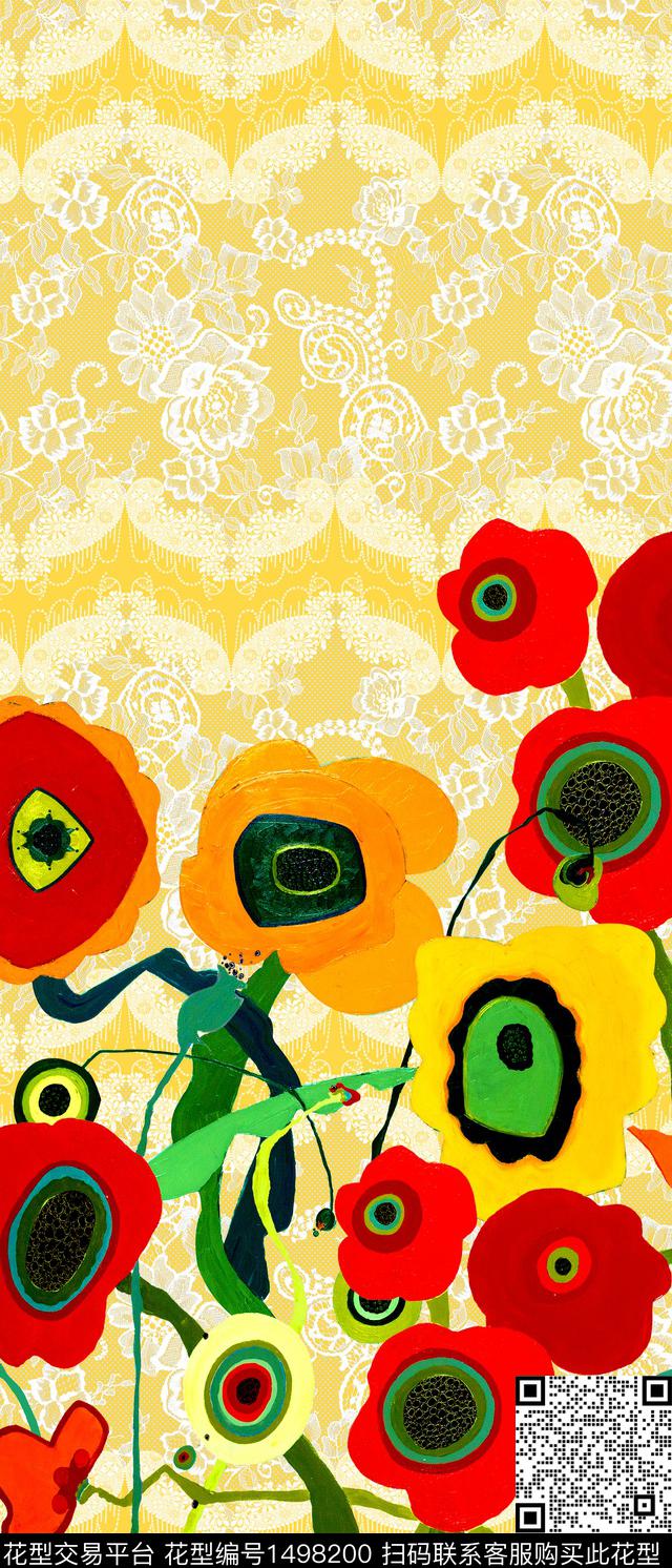 定位花手绘网布蕾丝数码印花华亿平台下载（图片编号: 1498200） - 瓦栏（Walan）