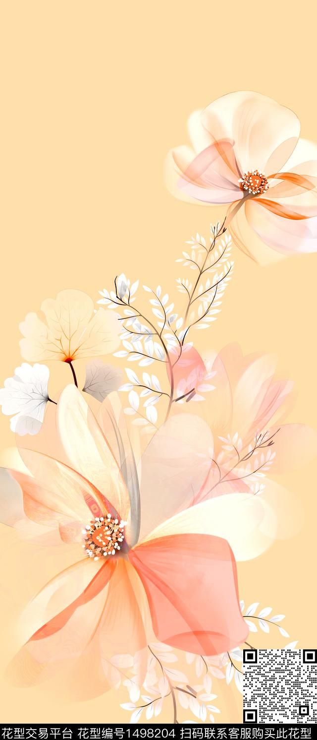 素雅风格化花卉清爽底花卉数码印花华亿平台下载（图片编号: 1498204） - 瓦栏（Walan）