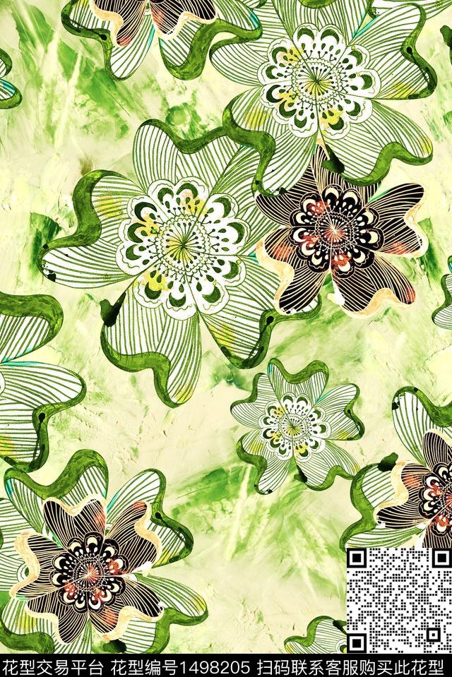 线条水彩朦胧花卉数码印花华亿平台下载（图片编号: 1498205） - 瓦栏（Walan）