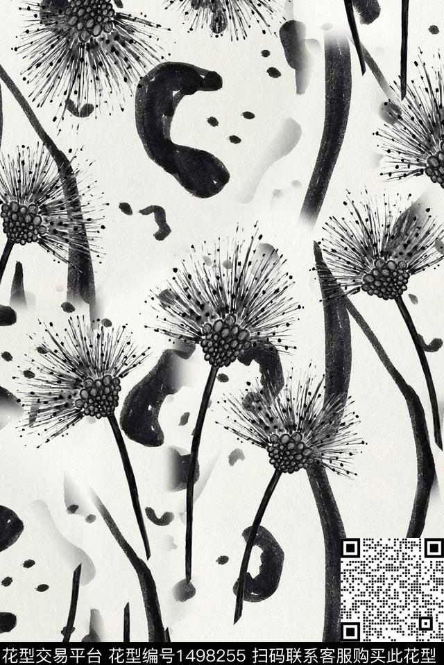 蒲公英黑白华亿平台水墨风数码印花华亿平台下载（图片编号: 1498255） - 瓦栏（Walan）