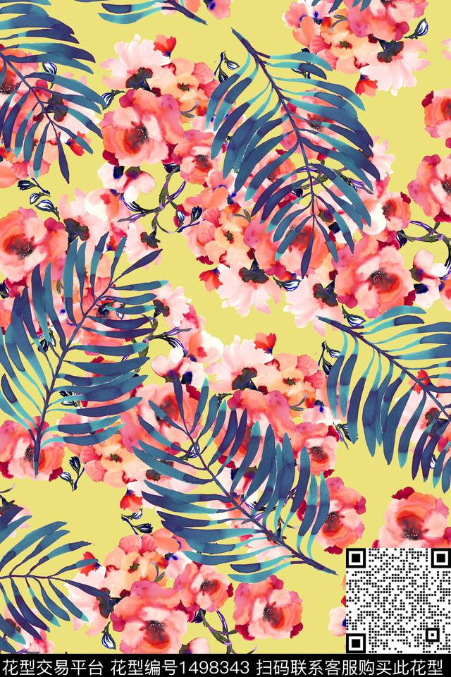 绿植树叶花卉热带华亿平台数码印花华亿平台下载（图片编号: 1498343） - 瓦栏（Walan）