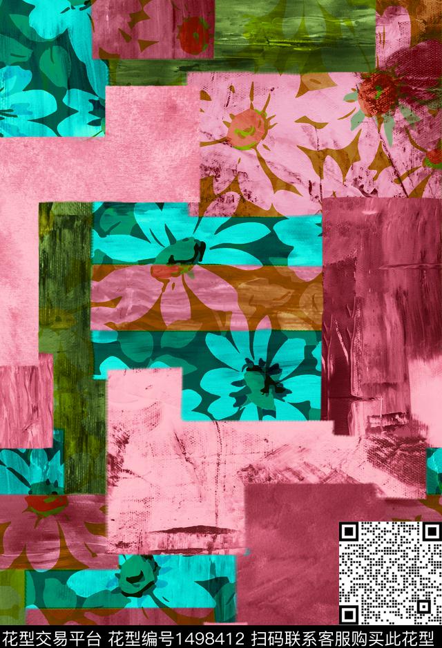 格子几何花卉数码印花华亿平台下载（图片编号: 1498412） - 瓦栏（Walan）