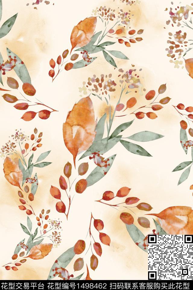 水彩绿植树叶小清新数码印花华亿平台下载（图片编号: 1498462） - 瓦栏（Walan）