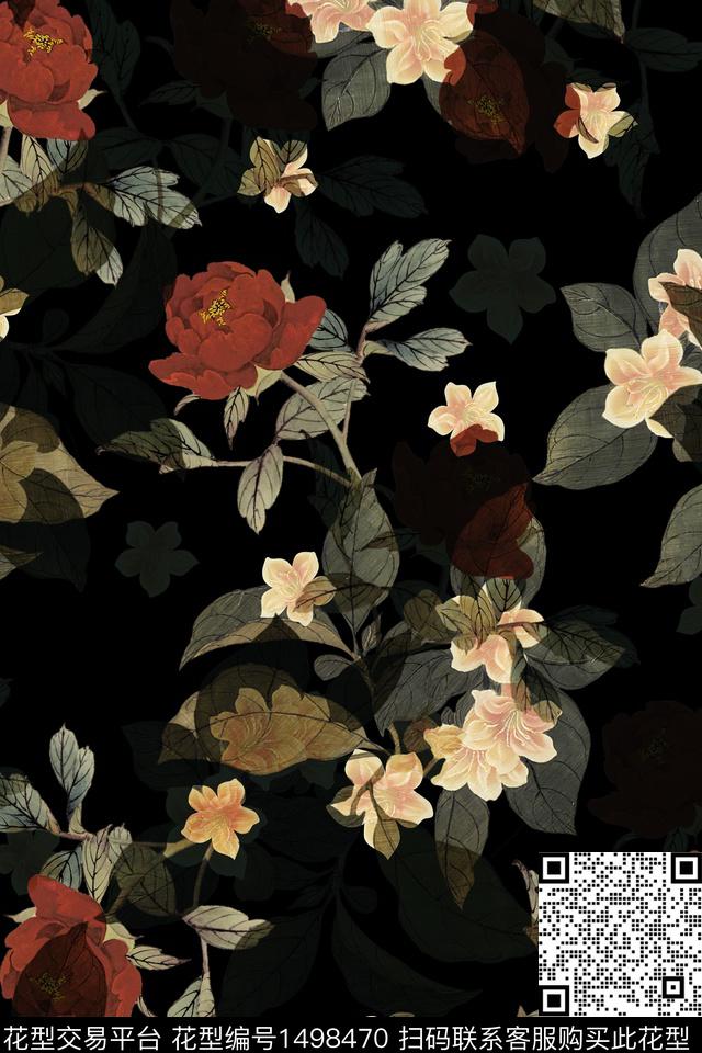 黑底花卉花卉大牌风数码印花华亿平台下载（图片编号: 1498470） - 瓦栏（Walan）