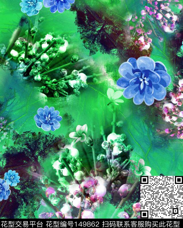 清新花卉组合数码印花华亿平台下载（图片编号: 149862） - 瓦栏（Walan）