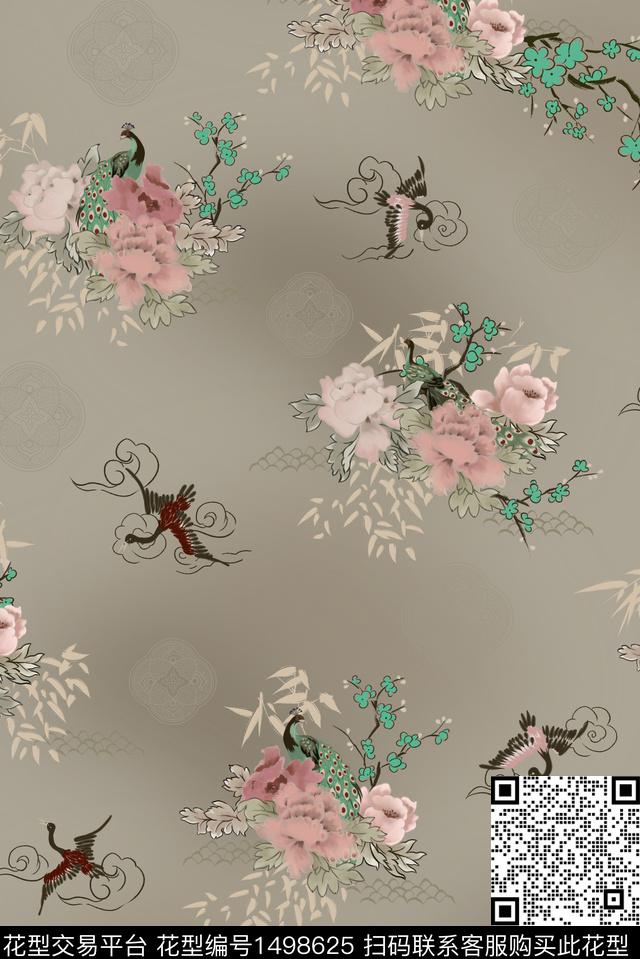抽象凤凰手绘花卉数码印花华亿平台下载（图片编号: 1498625） - 瓦栏（Walan）