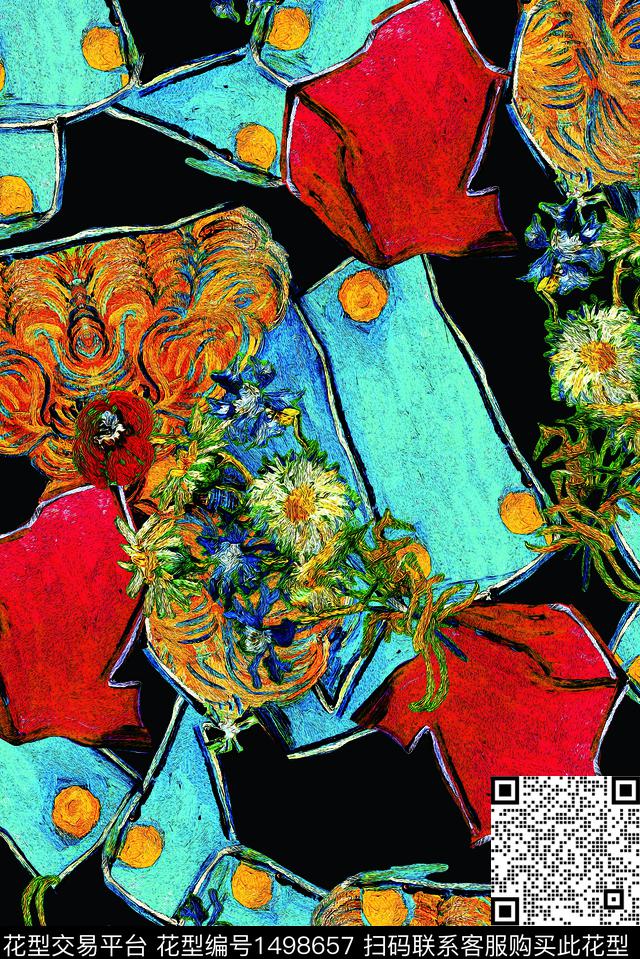 黑底花卉花卉抽象数码印花华亿平台下载（图片编号: 1498657） - 瓦栏（Walan）