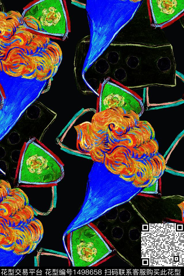 绿植树叶几何定位黑底花卉数码印花华亿平台下载（图片编号: 1498658） - 瓦栏（Walan）
