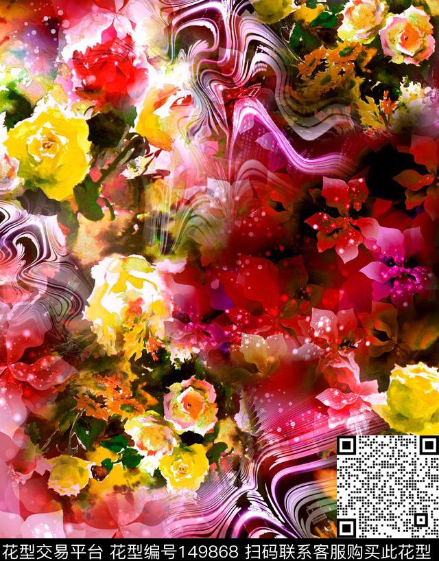 彩色水波牡丹数码印花华亿平台下载（图片编号: 149868） - 瓦栏（Walan）