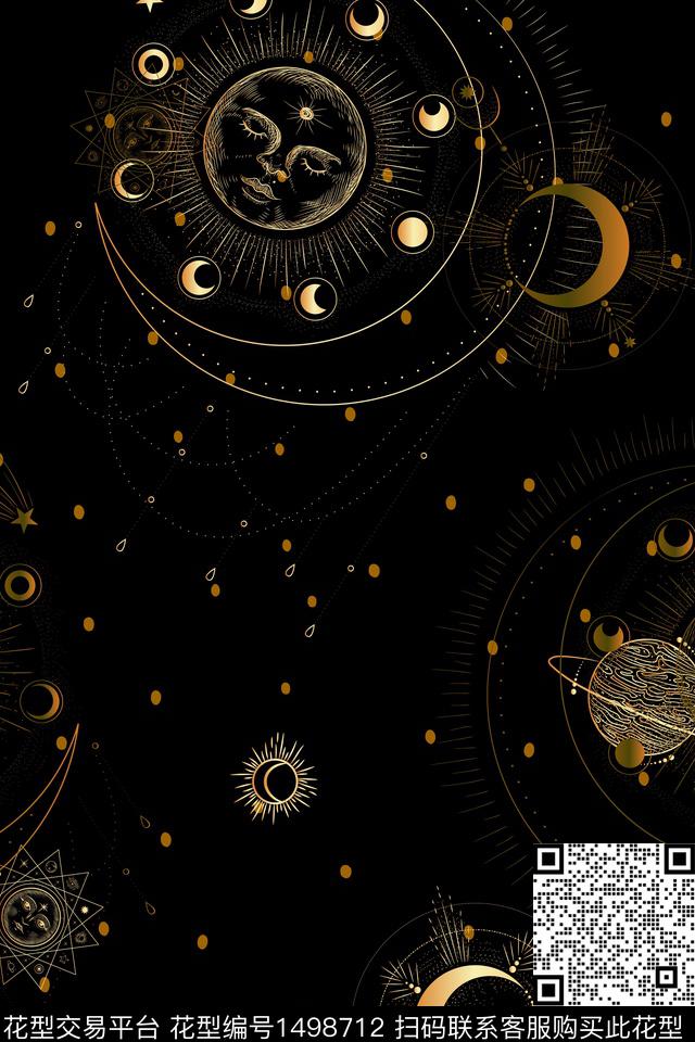 黑底花卉宇宙星星数码印花华亿平台下载（图片编号: 1498712） - 瓦栏（Walan）