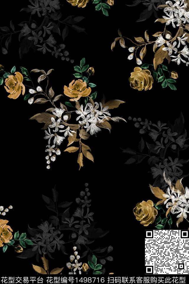黑底花卉花卉大牌风数码印花华亿平台下载（图片编号: 1498716） - 瓦栏（Walan）