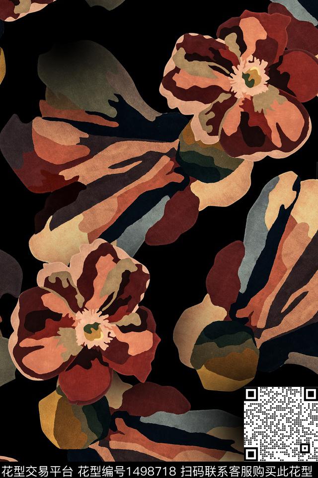 黑底花卉花卉大牌风数码印花华亿平台下载（图片编号: 1498718） - 瓦栏（Walan）