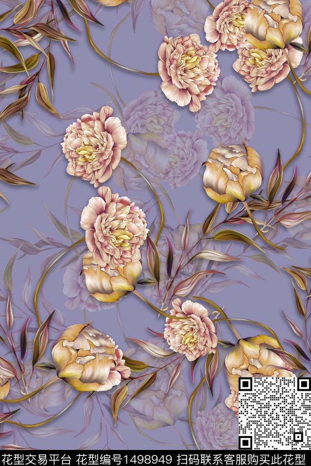 花卉香云纱大花数码印花华亿平台下载（图片编号: 1498949） - 瓦栏（Walan）