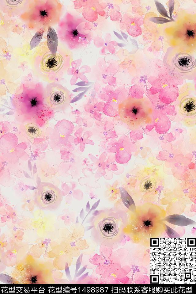 花卉抽象水彩花卉数码印花华亿平台下载（图片编号: 1498987） - 瓦栏（Walan）