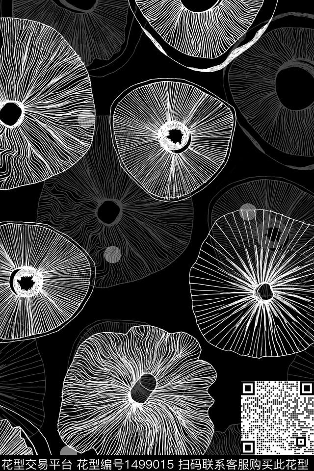 黑底花卉几何抽象数码印花华亿平台下载（图片编号: 1499015） - 瓦栏（Walan）