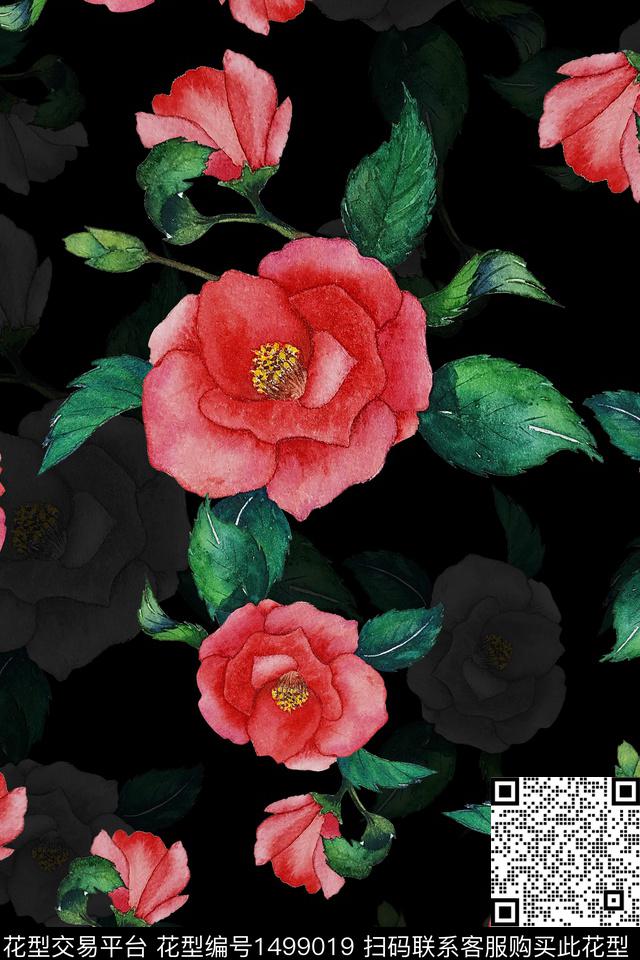 黑底花卉民族风花卉数码印花华亿平台下载（图片编号: 1499019） - 瓦栏（Walan）