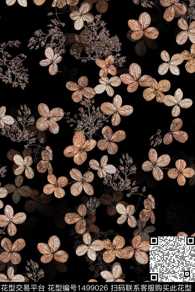 黑底花卉花卉大牌风数码印花华亿平台下载（图片编号: 1499026） - 瓦栏（Walan）