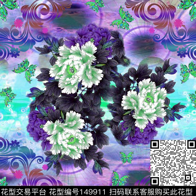 牡丹芍药蝴蝶数码印花华亿平台下载（图片编号: 149911） - 瓦栏（Walan）