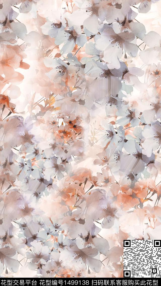 肌理渐变水彩花卉数码印花华亿平台下载（图片编号: 1499138） - 瓦栏（Walan）