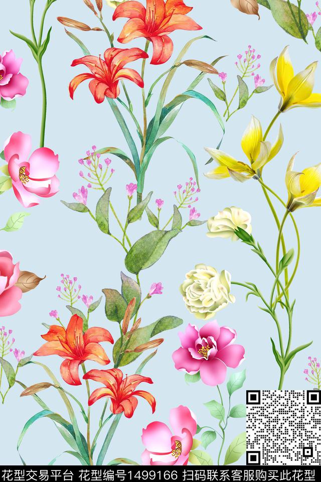 清爽底花卉花卉大牌风数码印花华亿平台下载（图片编号: 1499166） - 瓦栏（Walan）
