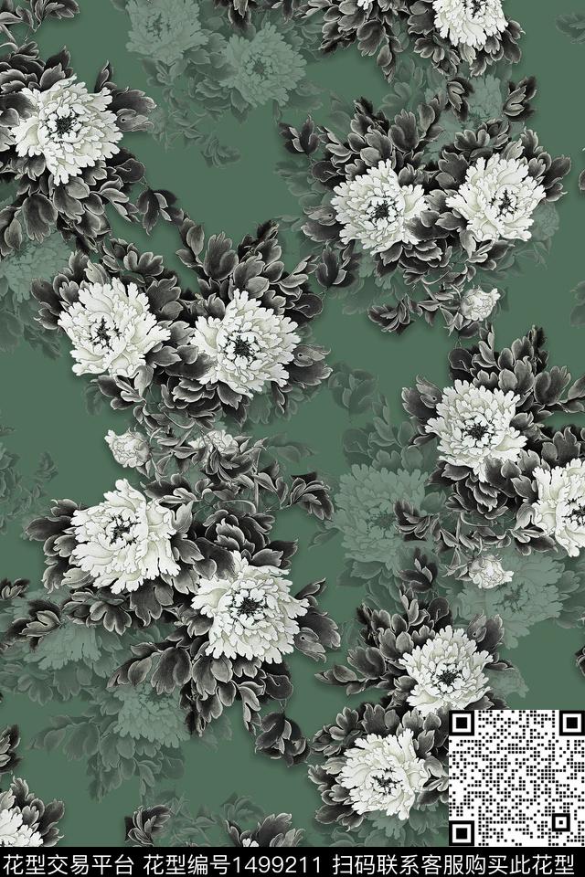 花卉香云纱中国风数码印花华亿平台下载（图片编号: 1499211） - 瓦栏（Walan）