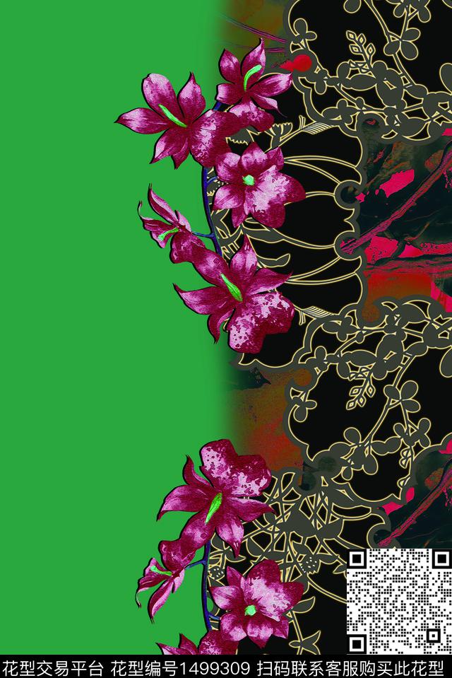 绿植树叶几何花卉数码印花华亿平台下载（图片编号: 1499309） - 瓦栏（Walan）