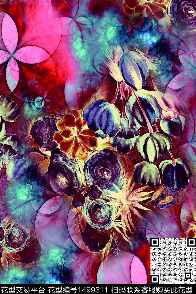 绿植树叶几何花卉数码印花华亿平台下载（图片编号: 1499311） - 瓦栏（Walan）