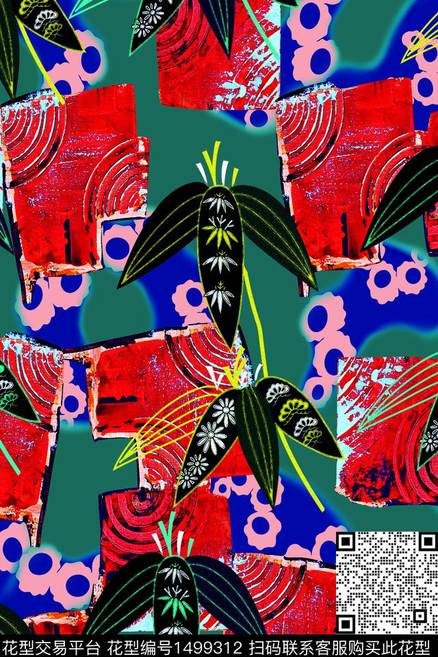 绿植树叶几何花卉数码印花华亿平台下载（图片编号: 1499312） - 瓦栏（Walan）