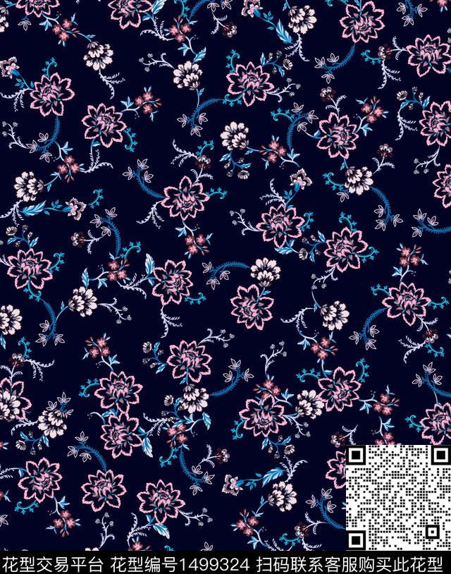 绿植树叶花卉小碎花数码印花华亿平台下载（图片编号: 1499324） - 瓦栏（Walan）