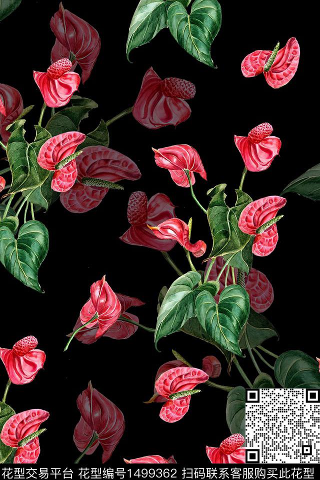 绿植树叶黑底花卉水彩数码印花华亿平台下载（图片编号: 1499362） - 瓦栏（Walan）