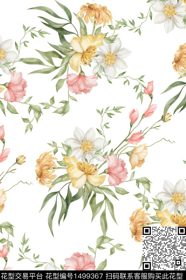 绿植树叶水彩雪纺数码印花华亿平台下载（图片编号: 1499367） - 瓦栏（Walan）