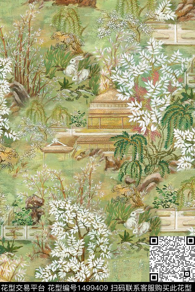 花卉香云纱国画数码印花华亿平台下载（图片编号: 1499409） - 瓦栏（Walan）