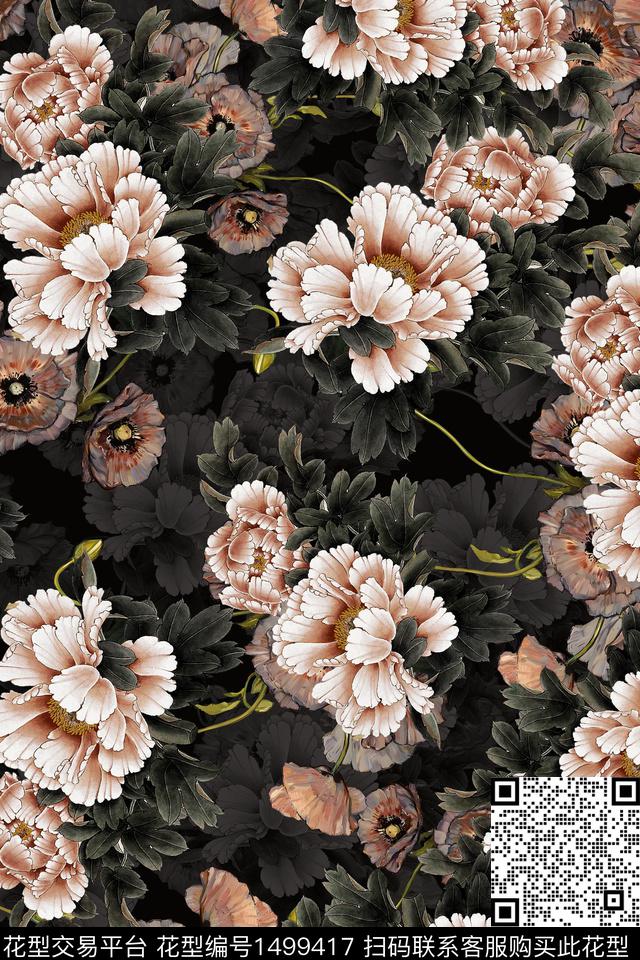 花卉香云纱中国风数码印花华亿平台下载（图片编号: 1499417） - 瓦栏（Walan）