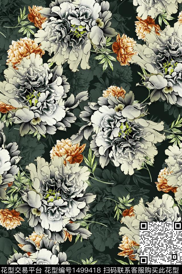 花卉香云纱中国风数码印花华亿平台下载（图片编号: 1499418） - 瓦栏（Walan）