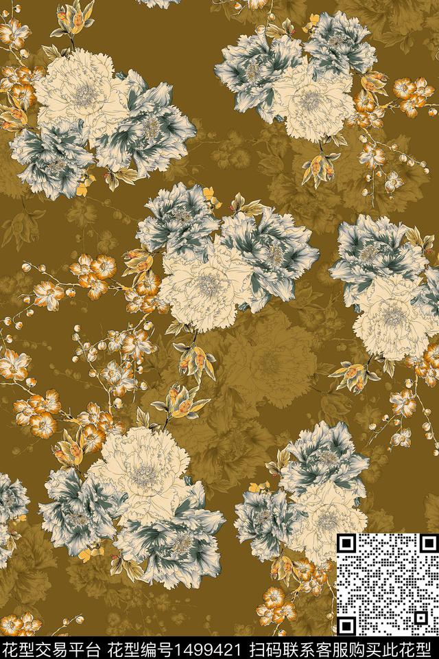 花卉香云纱中国风数码印花华亿平台下载（图片编号: 1499421） - 瓦栏（Walan）